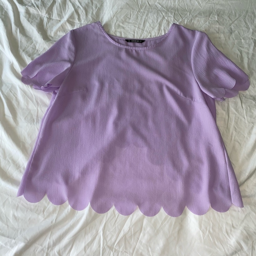 purple crop top with scalloped details